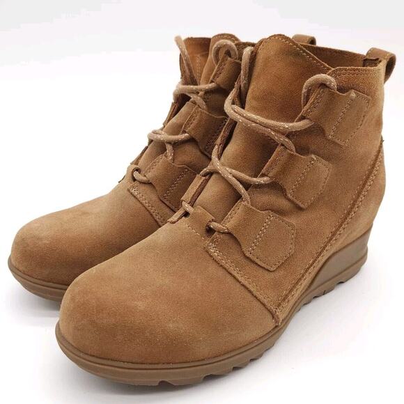 Sorel (Womens 9.5) Evie Suede Leather Lace Up Hidden Wedge‎ Ankle Booties Brown - Picture 1 of 9